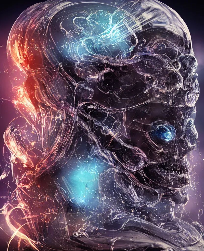 Image similar to close-up macro portrait of the face of a beautiful princess rotten skull in a spaceman suit, epic angle and pose, symmetrical artwork, 3d with depth of field, blurred background, cybernetic jellyfish female face skull phoenix bird, translucent, nautilus, energy flows of water and fire. a highly detailed epic cinematic concept art CG render. made in Maya, Blender and Photoshop, octane render, excellent composition, cinematic dystopian brutalist atmosphere, dynamic dramatic cinematic lighting, aesthetic, very inspirational, arthouse. y Greg Rutkowski, Ilya Kuvshinov, WLOP, Stanley Artgerm Lau, Ruan Jia and Fenghua Zhong