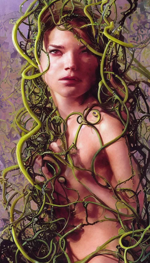 Image similar to very detailed portrait of a 2 0 years old girl surrounded by tentacles, the youg woman visage is blooming from fractal and vines, by john berkey