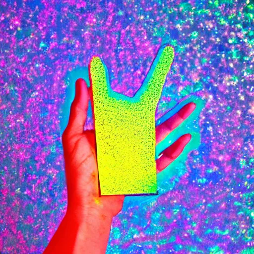 Image similar to a person holding a colorful object in their hand, a hologram by jeka kemp, polycount, crystal cubism, made of crystals, irridescent, holographic