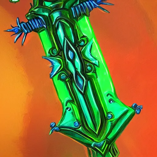 Image similar to Oil painting concept art of a magical acid sword glowing bright green, very intricate hilt, green color scheme, highly detailed concept art.