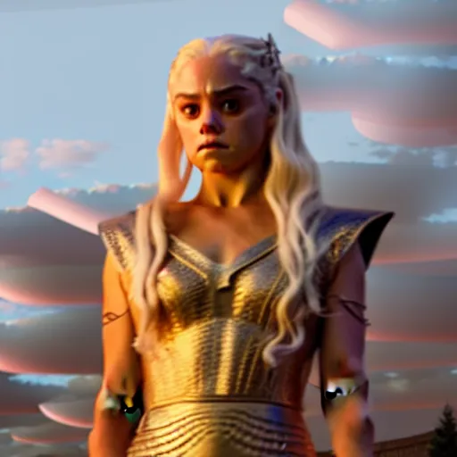 Image similar to mila kunis as daenerys targaryen, golden hour, cinematic