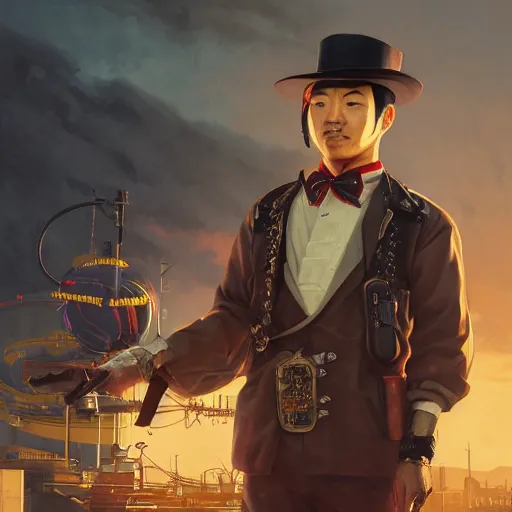 Image similar to Portrait of a japanese man wearing a steampunk engineer outfit in a grand theft auto 5 loading screen , art by Albert Bierstadt and James Gurney, highly detailed, digital painting, matte painting, concept art, illustration, oppressive lighting, trending on artstation, very detailed