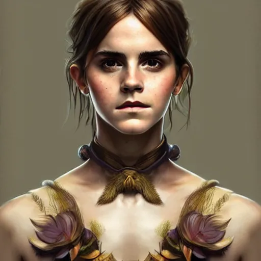 Image similar to emma watson portrait of forest gog, male, clear face, symetrical, masculine, full body, muscular, fantasy, intricate, elegant, highly detailed, digital painting, artstation, concept art, matte, sharp focus, illustration, art by artgerm and greg rutkowski and alphonse mucha