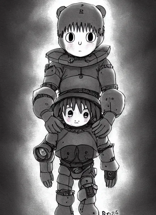 Image similar to beautiful little boy wearing an cyborg bear suit, artwork in kentaro miura and made in abyss and rosdraws, smooth, beautiful lightness, anatomically correct, trending on pixiv, forest