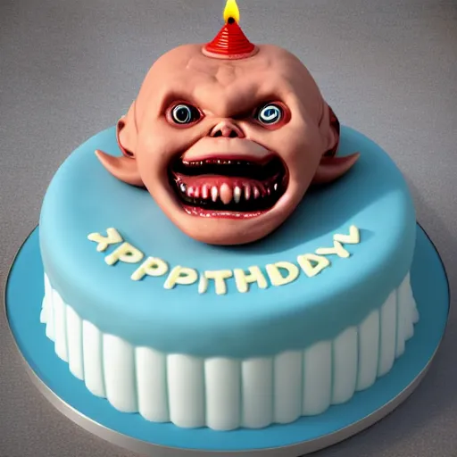 Image similar to birthday cake shaped like screaming chucky doll, octane render, centered