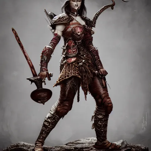 Prompt: a beautiful ultradetailed fine art old vintage bloodstained dark warrior, wild and butcher with ancient weapons with blood, by tom bagshaw and zach sutton, vignette, 3 5 mm lens, golden ratio composition, studio photography, very detailed, humanoid, artstation, 8 k, highly coherent