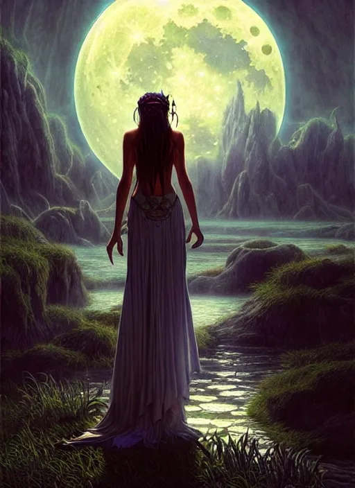 Image similar to fantasy book cover, full moon, fantasy bayou landscape, goddess in a flowing dress in the middle, back view, iridescent elements, fantasy magic, dark light night, intricate, elegant, sharp focus, illustration, highly detailed, digital painting, concept art, matte, art by wlop and artgerm and greg rutkowski and albert bierstadt, masterpiece