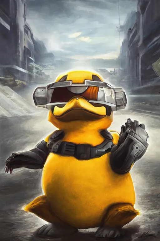 Image similar to psyduck pokemon playing as master chief, oil on canvas, intricate, 8 k highly professionally detailed, hdr, cgsociety