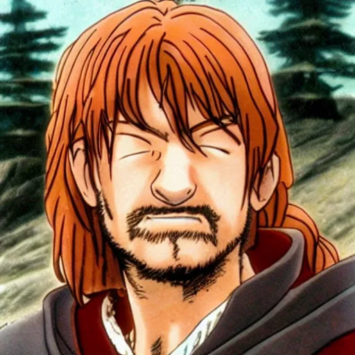 Prompt: boromir from the anime lord of the rings (1986), ginger hair, looking serious, some beard, studio ghibli, very detailed, realistic