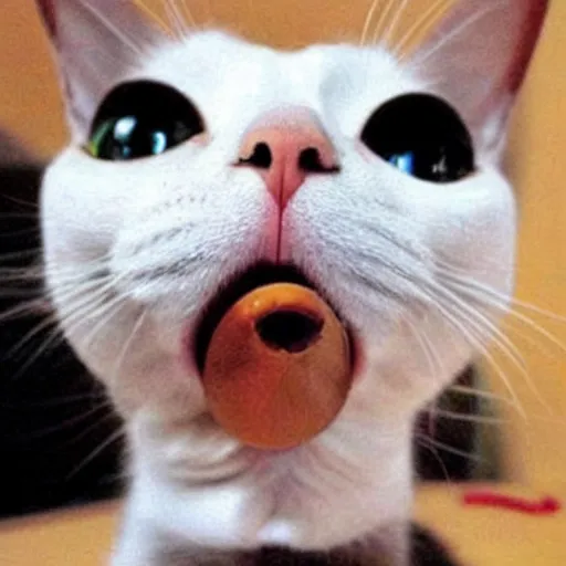 Prompt: a cat with the face of Mr Bean, eating something wrong.