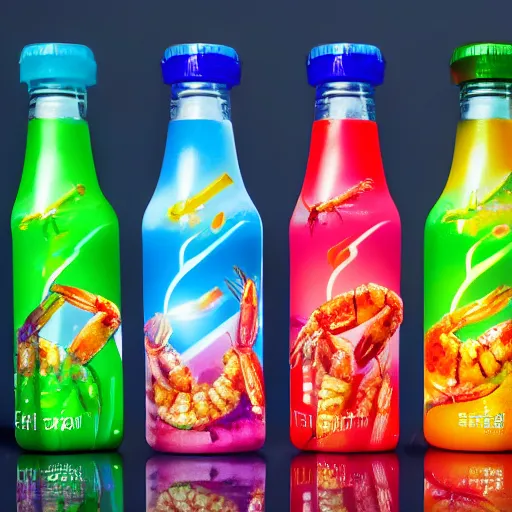 Prompt: A commercial for new cyberpunk superfood called bottled shrimps, vibrant background, flashy commercial from the future, soda bottle, beautiful, vibrant colors, cyberpunk, 4k, product photography