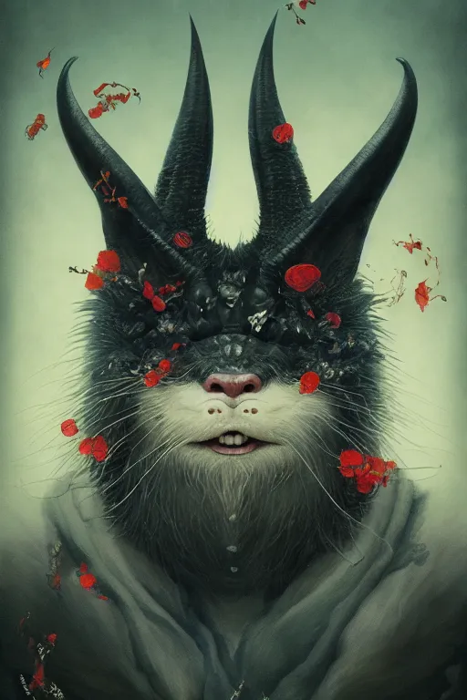 Image similar to a portrait of a japanese devil animal illustrated by miyazaki by karol bak, james jean, tom bagshaw, rococo, sharp focus, trending on artstation, cinematic lighting, hyper realism, octane render, 8 k, hyper detailed, vivid, ultra detailed, highly detailed