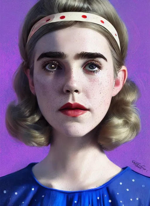 Image similar to portrait of kiernan shipka with freckles, white hair, big 1 9 6 0 s bob hairstyle with bangs and hairband, blue 1 9 6 0 s dress, intricate, elegant, glowing lights, highly detailed, digital painting, artstation, concept art, smooth, sharp focus, illustration, art by wlop, mars ravelo and greg rutkowski