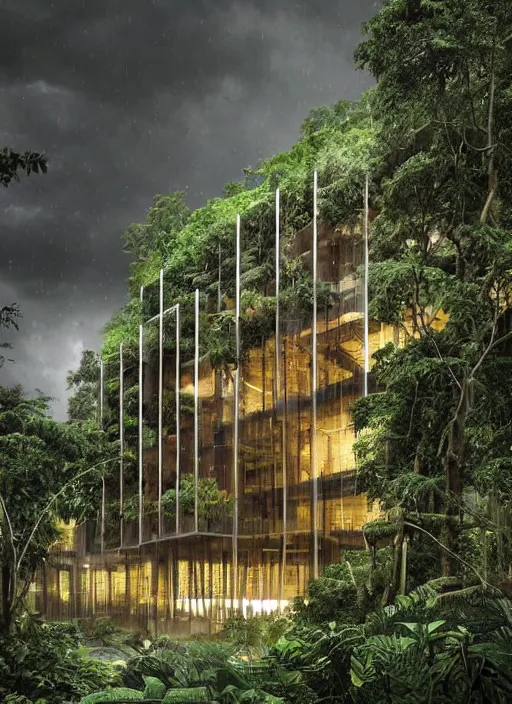 Image similar to “thunderstorm Amazon forest architecture building , the building is in a rainy forest , luxury architecture, architecture digest, building surrounded by dark clouds , mellow tones, fluorescent lighting,volumetric Lighting, photorealism, high detail, golden ratio, cinematic, octane renderer”