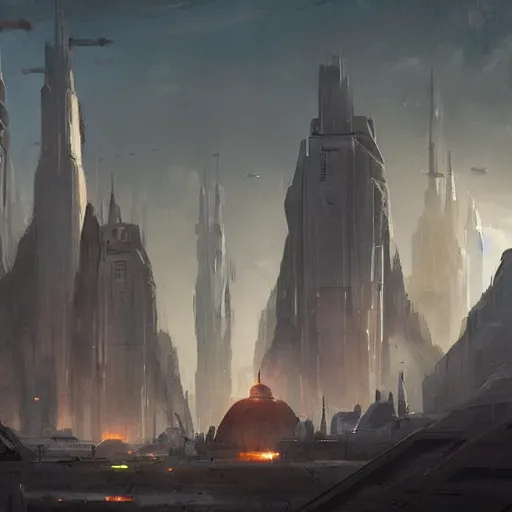 Image similar to star wars concept art by greg rutkowski, a big city with post - modern architecture, sharp foccus, cinematic ilumination, nostalgic atmosphere.