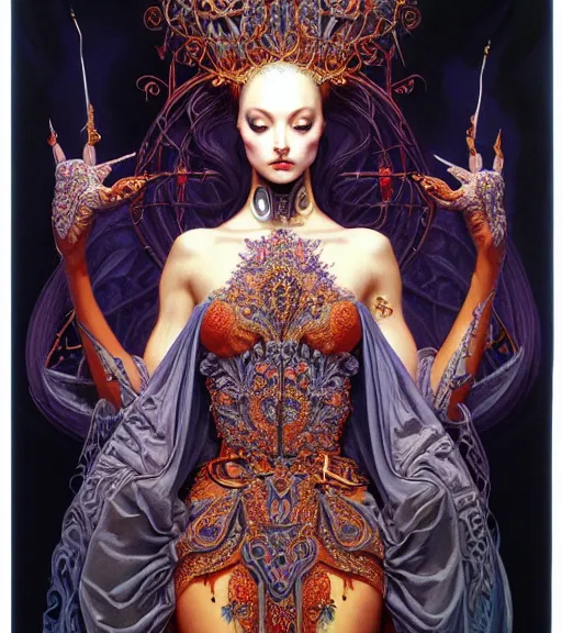 Image similar to symmetrical painting, a beautiful female queen in dress, pretty, detailed and intricate, perfect body shape, perfect face, hypermaximalist, elegant, ornate, luxury, elite, matte painting, cinematic lighting, james jean, brian froud, wayne barlowe