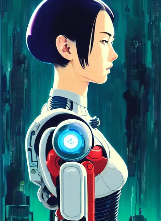 Image similar to side portrait scifi cyborg girl with robotic parts and spacesuit | | head only in center of image, audrey plaza, fine detail!! anime!! realistic shaded lighting!! poster by ilya kuvshinov katsuhiro otomo ghost - in - the - shell, magali villeneuve, artgerm, jeremy lipkin and michael garmash and rob rey