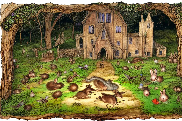 Image similar to an elaborate and dense painting of redwall abbey in mossflower wood with lots of mice and rabbits and otters walking around, detailed, made of alcohol ink on parchment and penned illustrations, by brian jacques and jean baptiste monge