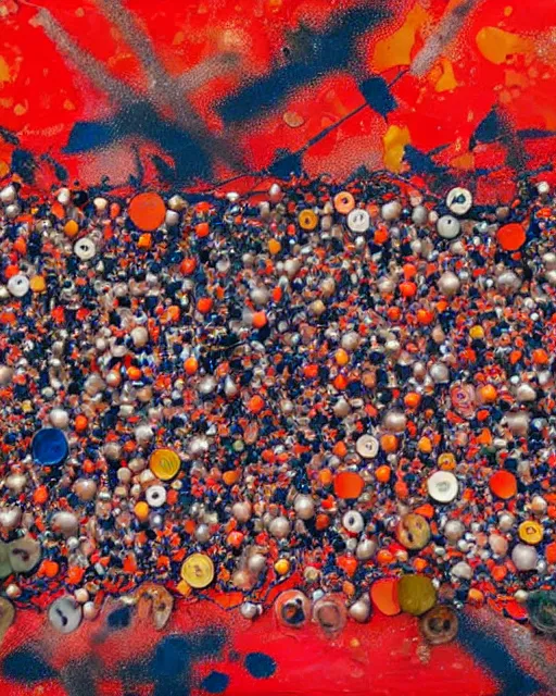 Image similar to a jackson pollock painting that is red, orange, blue, and pink, with some bottlecaps in it, detailed, oil painting