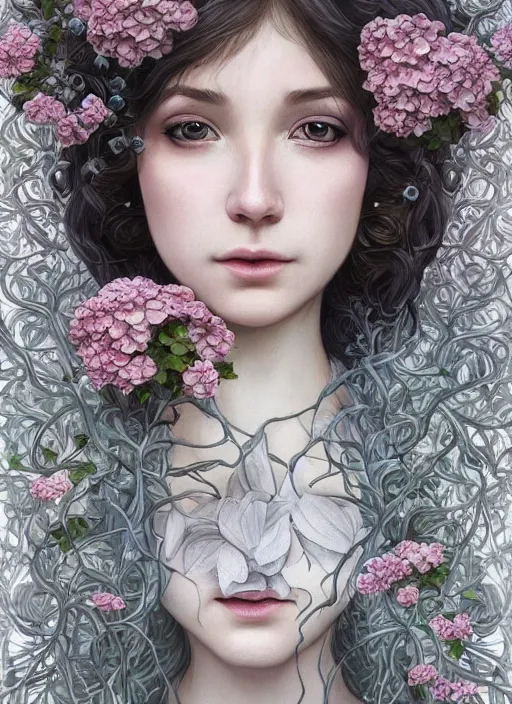 Prompt: a photographic portrait of a anthropomorphic hydrangea blossom, very very pretty face!!!!, fantasy, wind blowing hair, intricate, elegant, highly detailed, digital painting, artstation, concept art, smooth, sharp focus, illustration, art by artgerm and h r giger and alphonse mucha