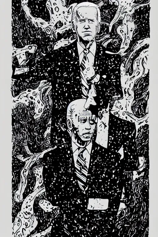 Image similar to Joe Biden full body portrait, body horror, black and white Illustration by Junji Ito