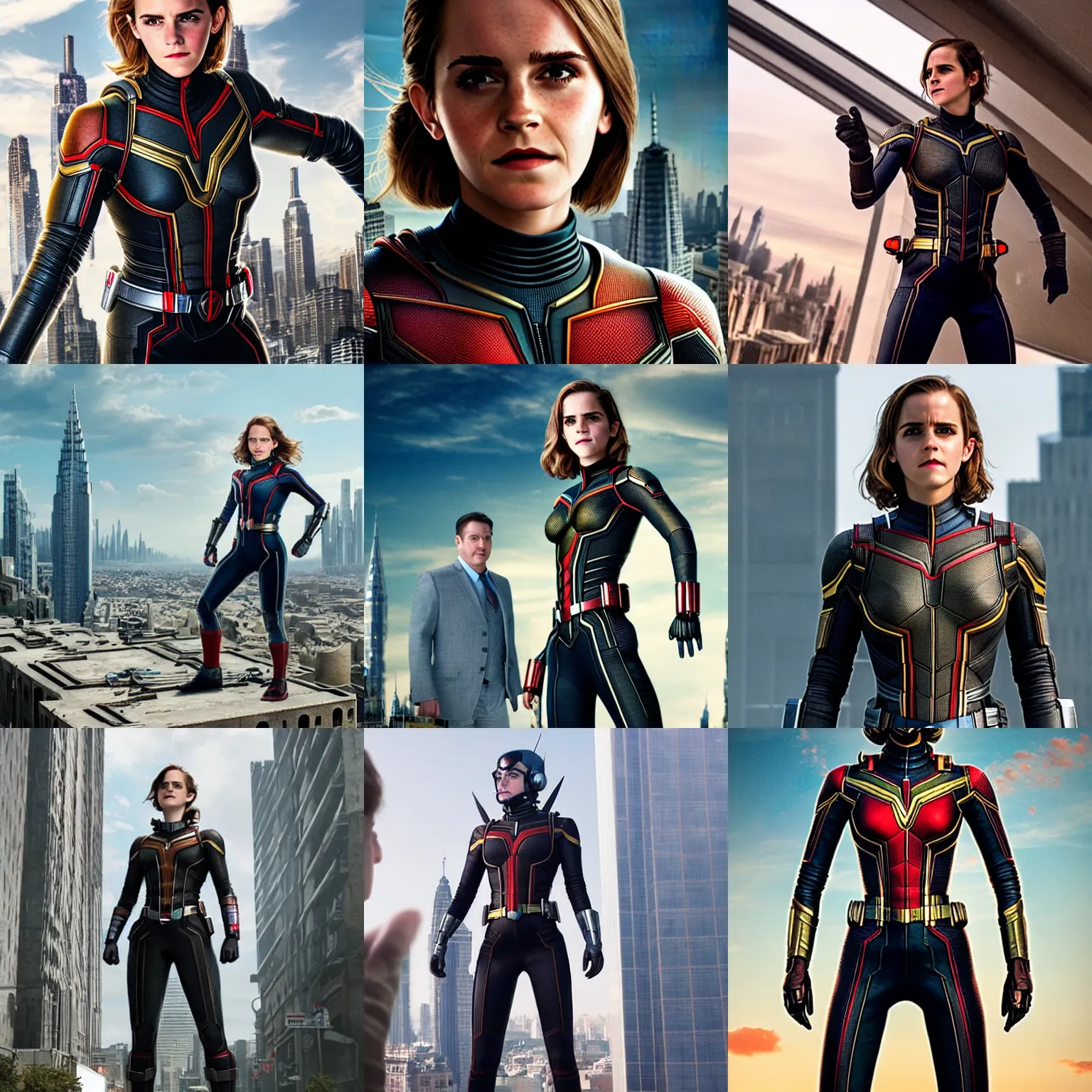 Prompt: Emma Watson as Giant Man, towering over a city, photo portrait from 'Ant-Man and the Wasp'