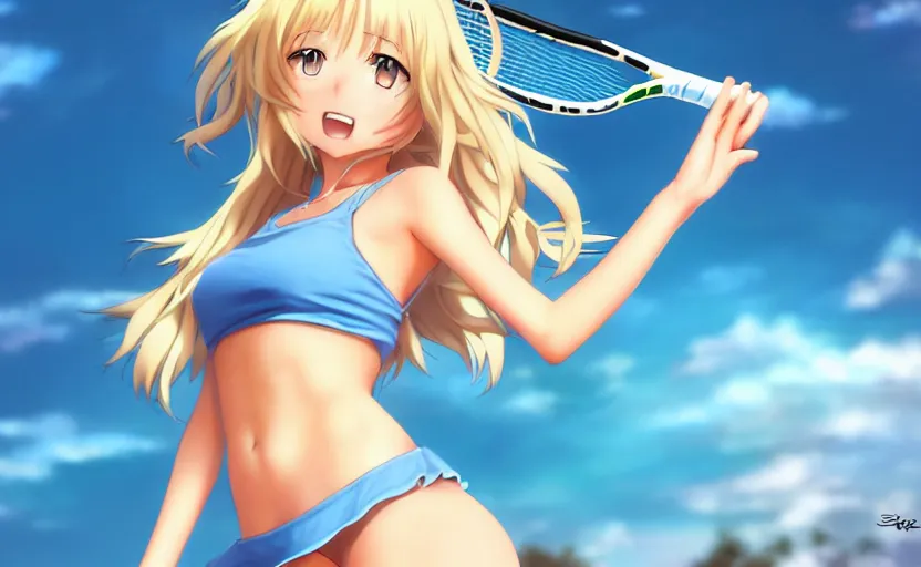 Image similar to a very beautiful young anime tennis girl, full body, long wavy blond hair, sky blue eyes, ( ( ( full round face ) ) ), short smile, bikini, miniskirt, front view, mid - shot, highly detailed, cinematic wallpaper by stanley artgerm lau