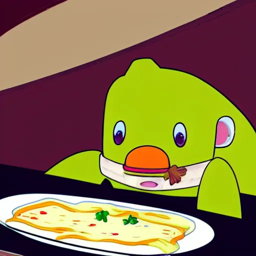 Image similar to anime cute platypus on a kitchen wearing a chef hat and holding a lasagna into an oven, anime style, chibi style, kawaii