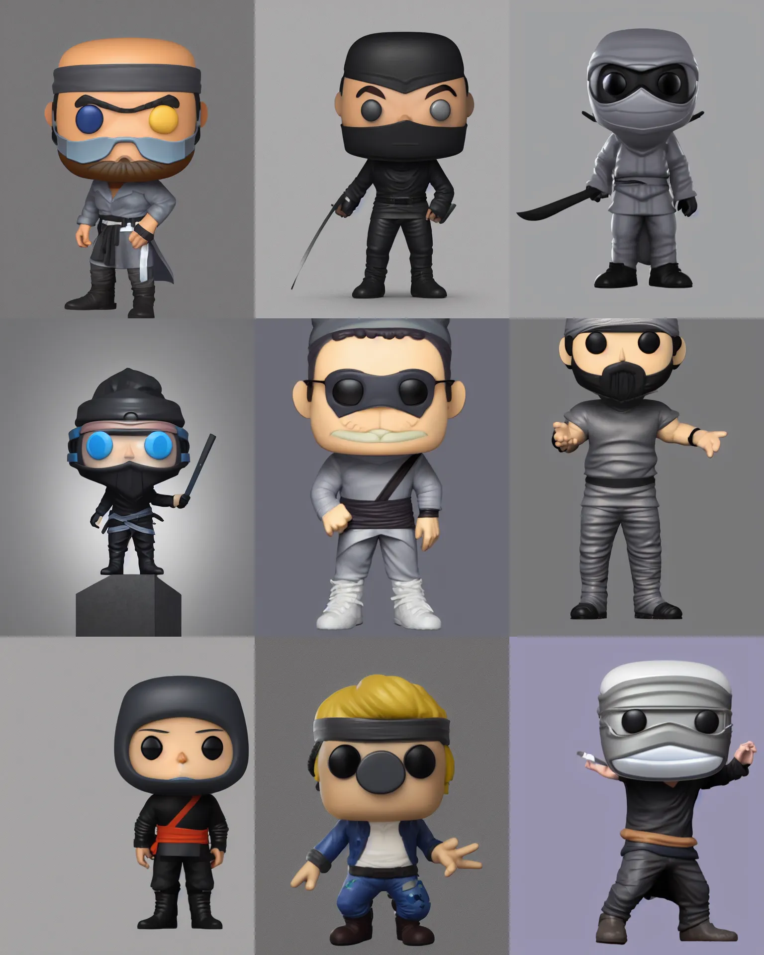 Prompt: full body 3 d render of ninja manager as a funko pop!, studio lighting, grey background, single body, no shadow, blender, trending on artstation, 8 k, highly detailed