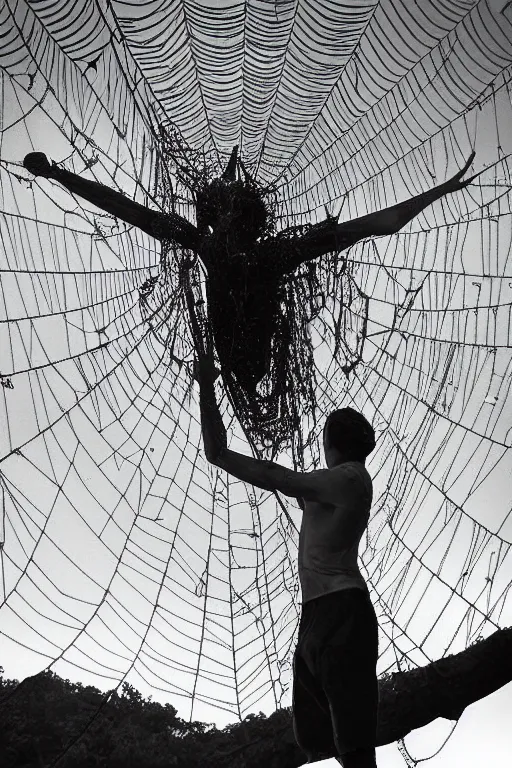 Prompt: cosmic horror photograph of a human caught in a giant spider web.