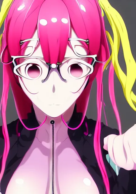 Image similar to portrait of a beautiful slime woman by aramaki shinji, tsurumaki kazuya, smug, 8 k, hd, saturated, flcl, hyperreality, fate grand order, symmetry