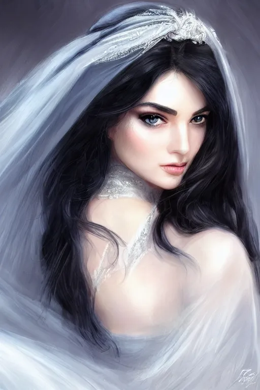 Image similar to Ameera al-Taweel, blue eyes, long wavy black hair, fierce look, white veil, closeup, focus face, elegant, highly detailed, centered, digital painting, artstation, concept art, art by artgerm