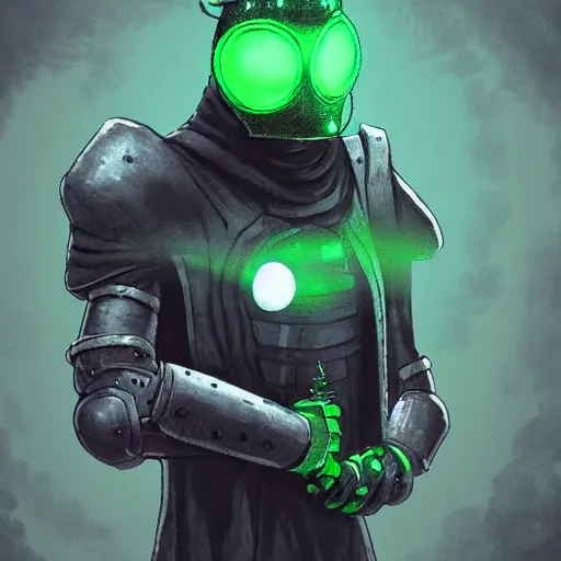 Image similar to sci - fi plague doctor power armor, inhumanly tall, inhumanly thin, black plate clawed hands, beaked helmet, green glow eyes, green glowing trim, plague, disease, illustration, award winning, digital art, trending on artstation, incredible, highly detailed, fantasy, sci - fi