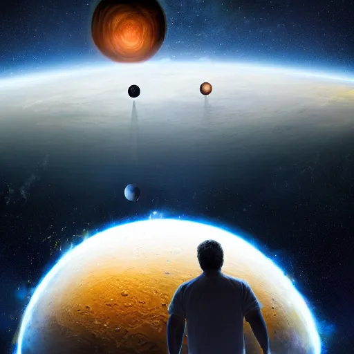 Prompt: man as big as the solar system standing in space, using the sun as his head, oil on canvas, intricate, 8k highly professionally detailed, HDR, CGsociety