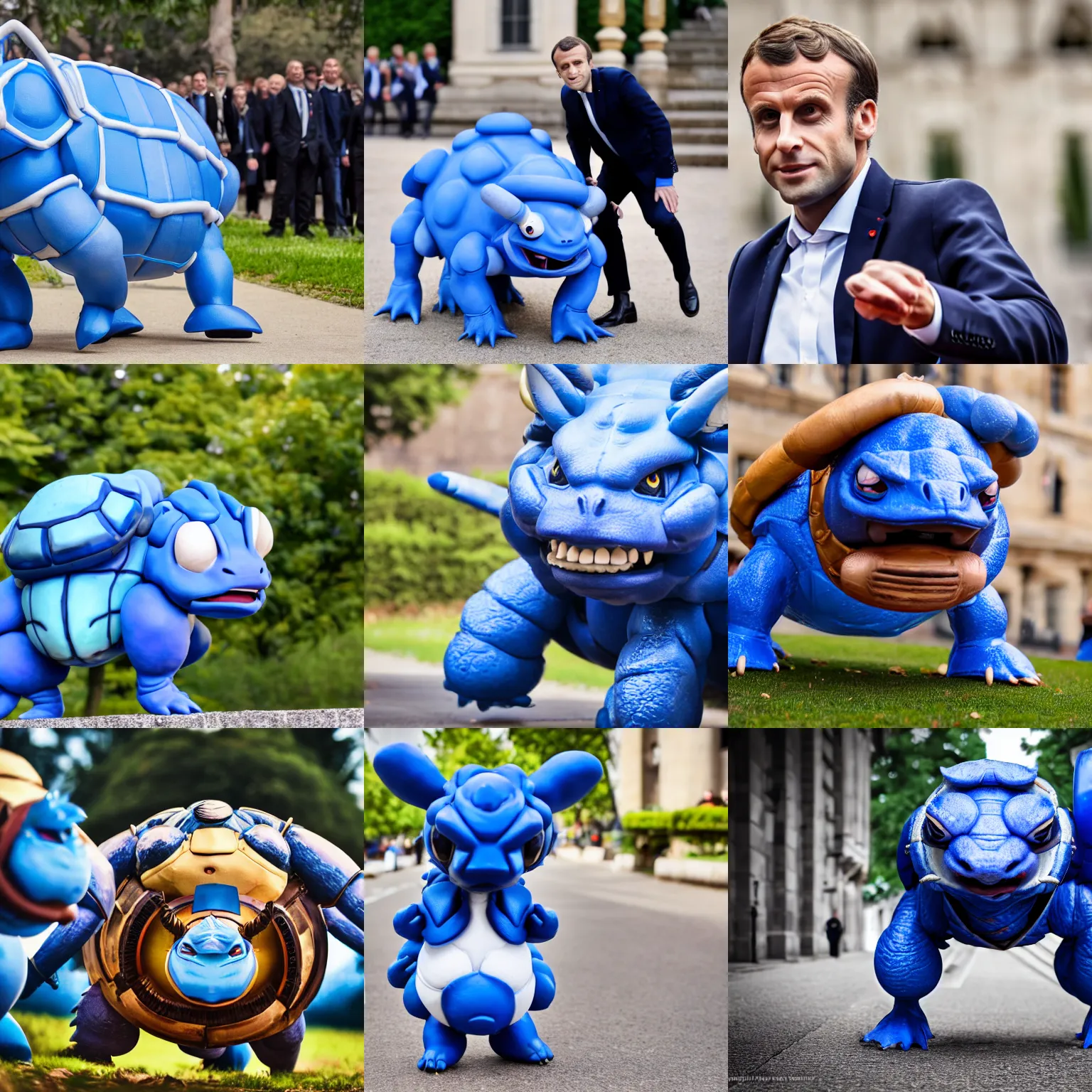 Prompt: emmanuel macron as a blastoise pokemon, high quality photo, sigma 8 5 mm