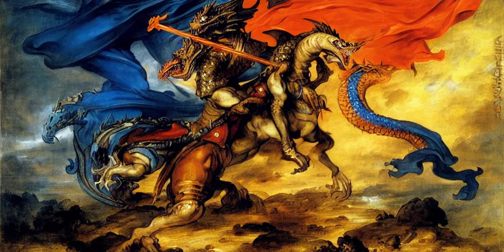 Image similar to knight holding a shield, fighting a dragon breathing fire, palette orange and blue, blue light behind dragon, realistic, rim lighting, cinematic lighting, art by eugene delacroix, raphael, peter paul rubens