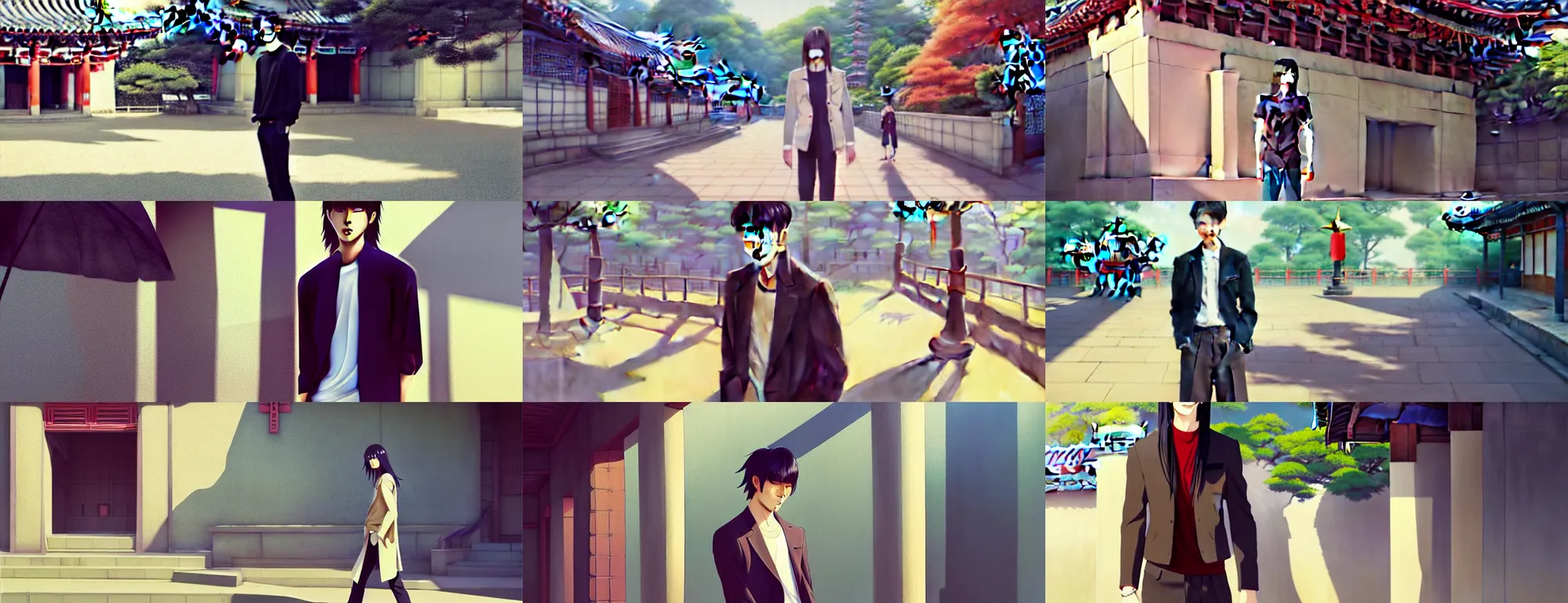 Prompt: a trendy korean male model with long straight hair at a temple on a nice sunny afternoon, strong shadows, overexposed sunlight, a screenshot by krenz cushart, pixiv contest winner, action painting, 2d game art, official art, award-winning, art by Studio Ghibli, by Chris Moore, high details