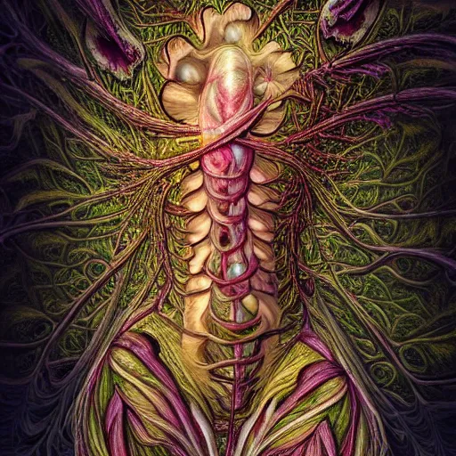 Prompt: a beautiful detailed photo of a rotten woman corpse slash in a half morphing into fractal plants and fractal flowers and mushrooms, muscles, veins, anatomical, intricate, ornate, volumetric light, beautiful lit, romero ressendi