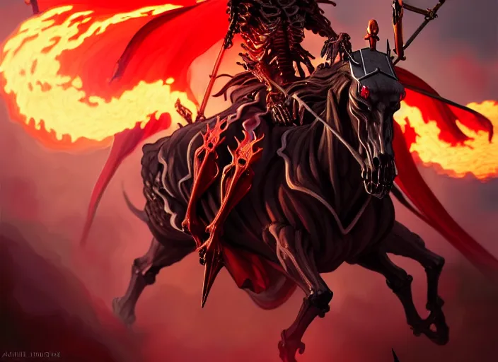 Prompt: ainz ooal gown leading the undead army to battle riding a flaming skeleton horse, highly detailed, deep focus, elegant, artstation, digital painting, smooth, sharp focus, illustration, ultra realistic, 8 k, art by artgerm and greg rutkowski and alphonse mucha