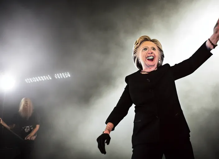 Prompt: publicity photo still of hillary clinton in a death metal band playing live on stage, 8 k, live concert lighting, mid shot