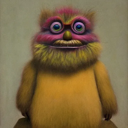 Image similar to a naturalist, colorful, beautiful painting of a furby in front of a shrub painting by zdzisław beksinski, alfred kubin, trending on artsstation, expressive ductus.