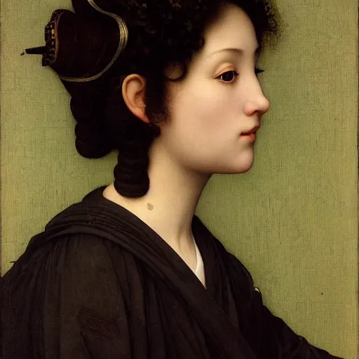 Prompt: painting of yamaguchi momoe, by jan van eyck, tom bagshaw, jean delville, william bouguereau, albrecht durer