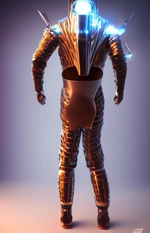 Image similar to futuristic warrior with latex suite details, with his back to the viewer, futuristic space suite, back light, full body view, 8 k, 3 d render, cinematic lighting