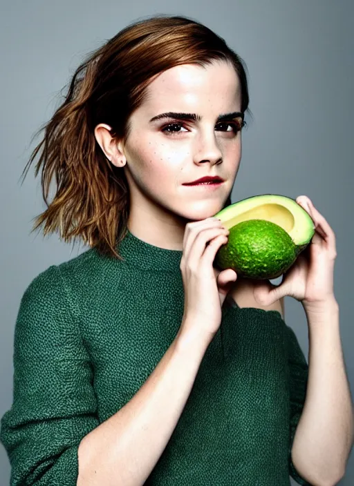 Image similar to emma watson and an avocado, high quality photography