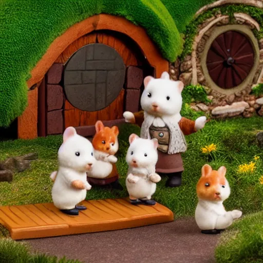 Prompt: lord of the rings calico critters in front of hobbit house