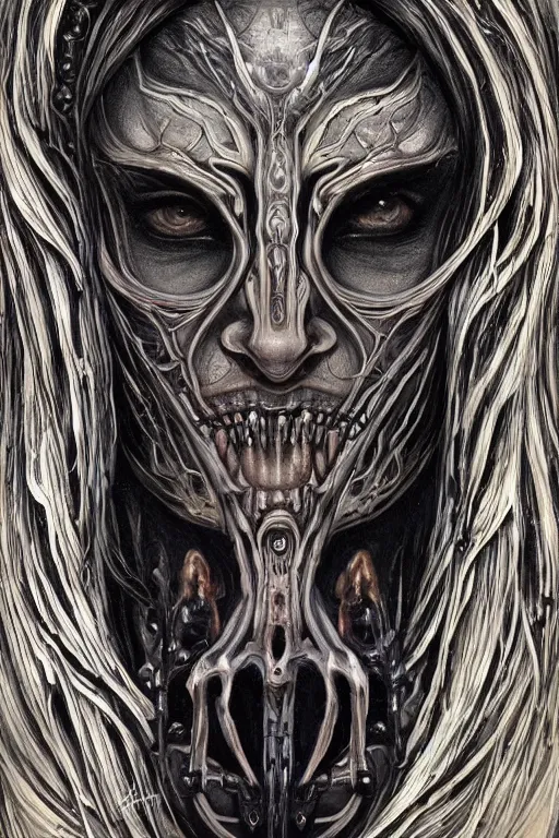 Image similar to Elden Ring and Doom themed painting of majestic chromatic biomechanical anatomical elven female hybrid beautiful ethereal angel symmetrical neutral mask closeup face tattoo pattern golden ratio concept, Neo-Gothic concept, infinity glyph waves, intricate artwork masterpiece, very coherent artwork, cinematic, full frontal facial features by Artgerm, art by H.R. Giger, Joseph Michael Linsner, Zdizslaw Beksinski, Johnatan Wayshak, Moebius, Ayami Kojima, very anatomically coherent artwork, trending on cgsociety, ultra high quality model, production quality cinema model, high detail chromatic ink outline, octane render, unreal engine 8k, hyper realism, high detail, octane render, unreal engine, 8k, High contrast