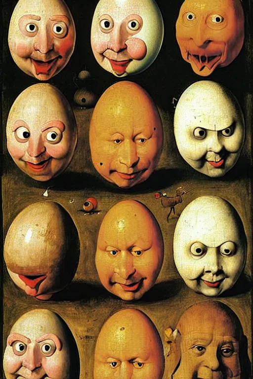 Image similar to egg heads with round humpty dumpty silly facial expressions, realistic, by hieronymus bosch and pieter brueghel