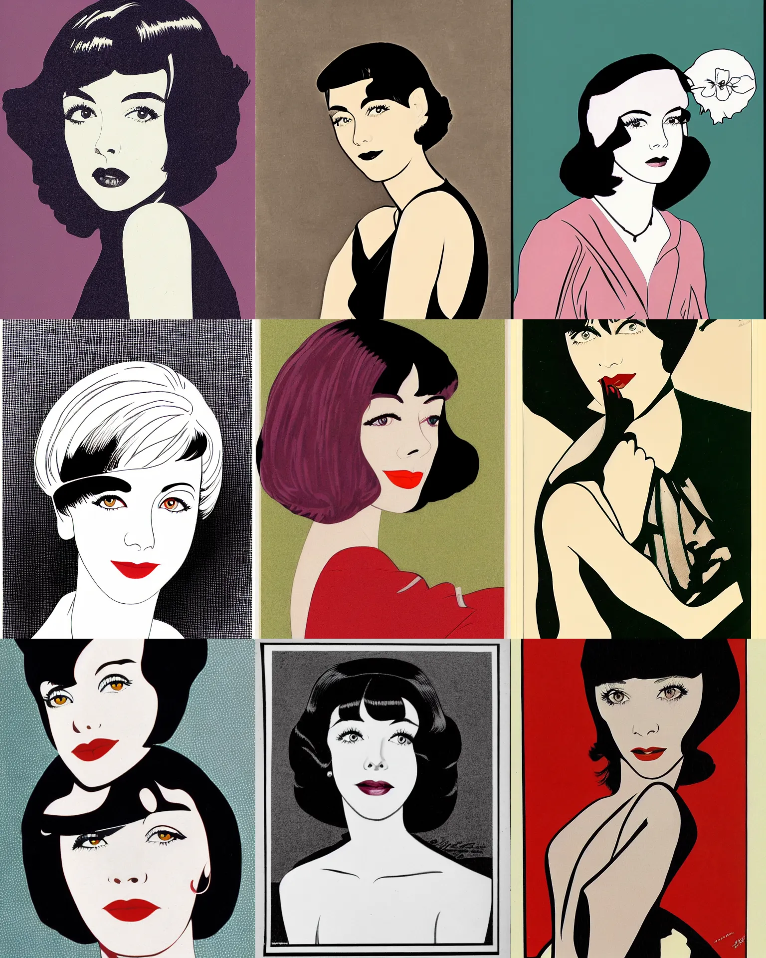 Image similar to Colleen Moore 25 years old, bob haircut, portrait by Patrick Nagel