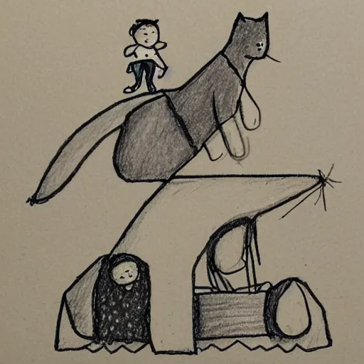 Image similar to a drawing of small people riding an gigantic cat