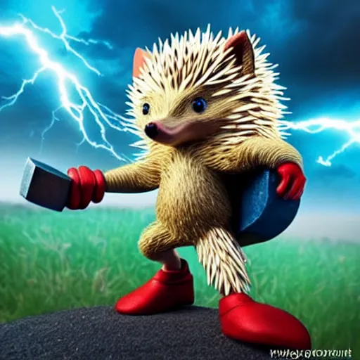 Image similar to the hedgehog thor ~ holding his hammer ~ dramatic thunder background ~ fighting scene ~